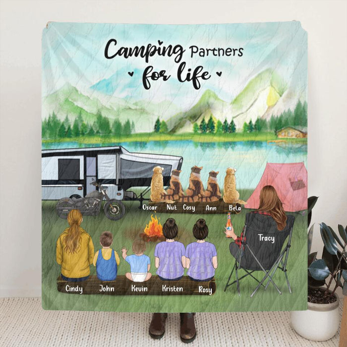 Custom Personalized Camping Blanket - Single Mom with 5 Kids and 5 Pets - Camping Partners For Life