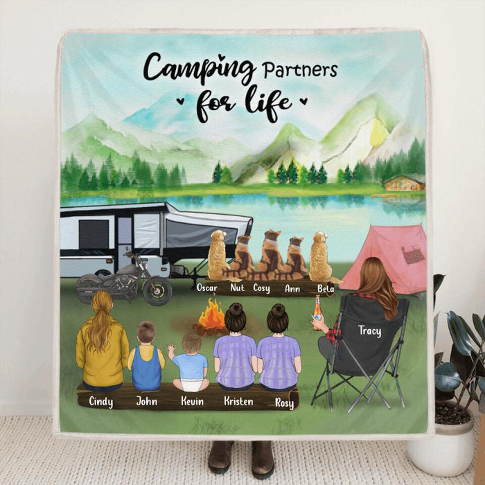Custom Personalized Camping Blanket - Single Mom with 5 Kids and 5 Pets - Camping Partners For Life
