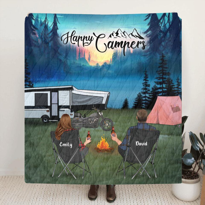 Custom Personalized Night Camping Blanket - Couple/Parents with up to 5 Kids and 2 Pets - Gift For Father's Day from Wife to Husband - Happy Campers