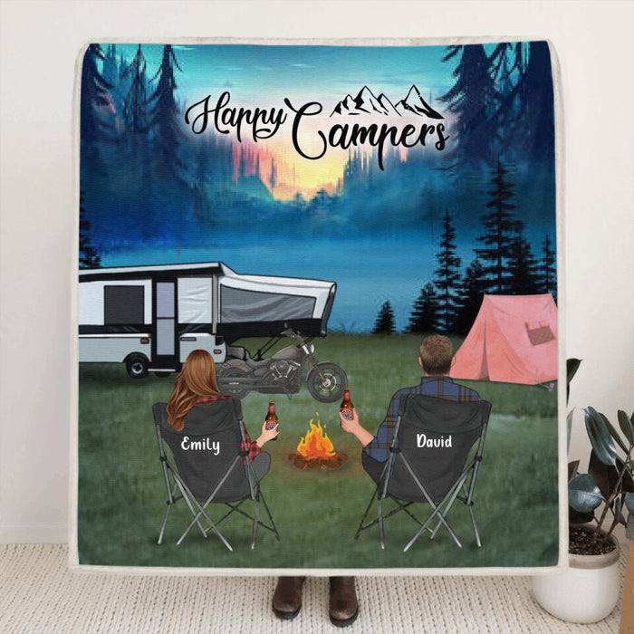 Custom Personalized Night Camping Blanket - Couple/Parents with up to 5 Kids and 2 Pets - Gift For Father's Day from Wife to Husband - Happy Campers