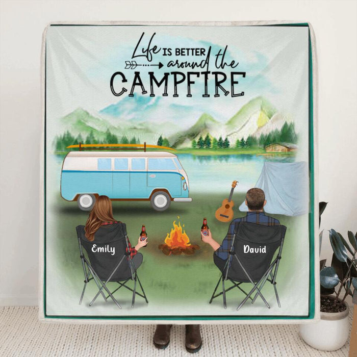 Custom Personalized Camping Blanket/Pillow Cover - Gift for Whole Family, Camping Lovers - Couple with Up to 6 Pets, Parents with Up to 6 Kids - Life is better around the campfire - Q3VZTZ