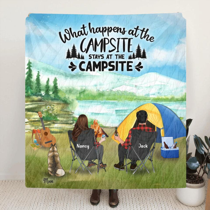Custom Personalized Camping Tent Quilt/Fleece Blanket - Best Gift Idea For Man/Woman/Couple - Man/Woman/Couple With Upto 3 Pets - What Happens At The Campsite Stays At The Campsite