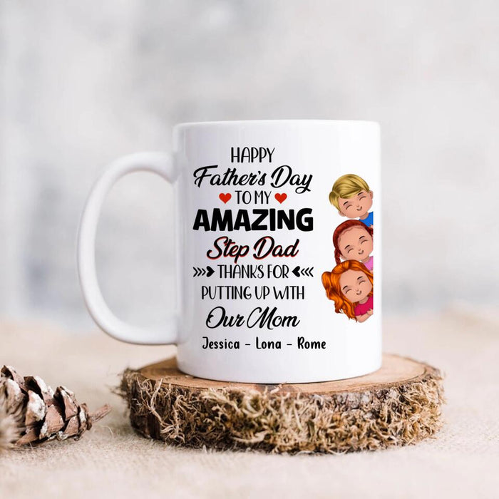 Custom Personalized Dad Mug - Gift Idea For Father's Day - Upto 3 Kids - To My Amazing Step Dad Thanks For Putting Up With Our Mom