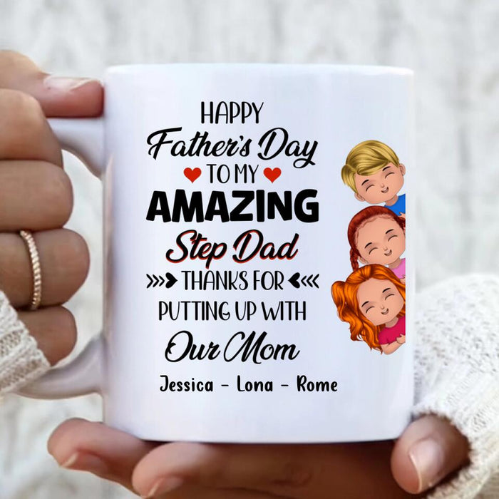 Custom Personalized Dad Mug - Gift Idea For Father's Day - Upto 3 Kids - To My Amazing Step Dad Thanks For Putting Up With Our Mom