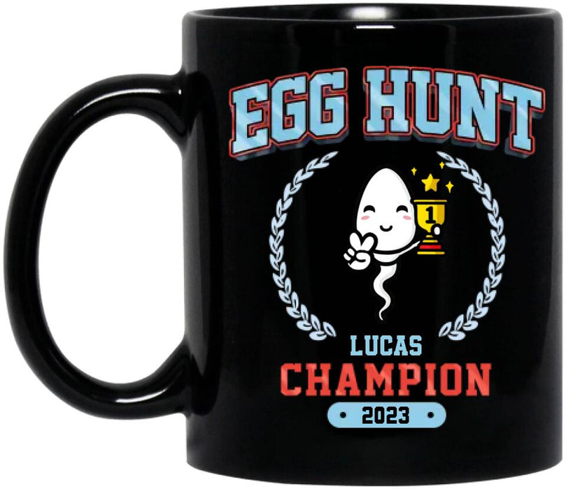 Custom Personalized Black Coffee Mug - Egg Hunt Champion 2023 - Gift Idea From Mother/ Father to Kid