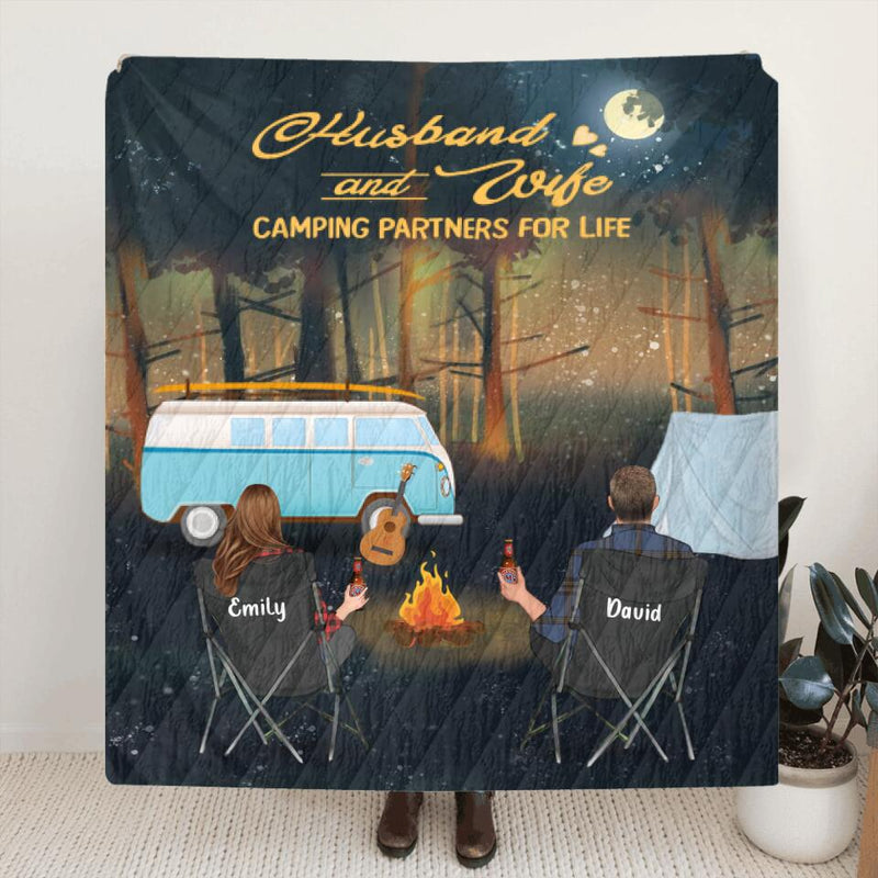 Personalized Forest Camping Quilt/Fleece Blanket - Gift for Whole Family, Camping Lovers - Couple/Parents with Up to 6 Pets, 6 Kids - Husband And Wife Camping Partners For Life