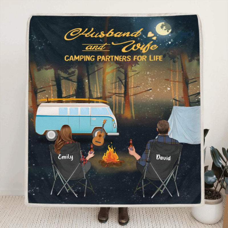 Personalized Forest Camping Quilt/Fleece Blanket - Gift for Whole Family, Camping Lovers - Couple/Parents with Up to 6 Pets, 6 Kids - Husband And Wife Camping Partners For Life