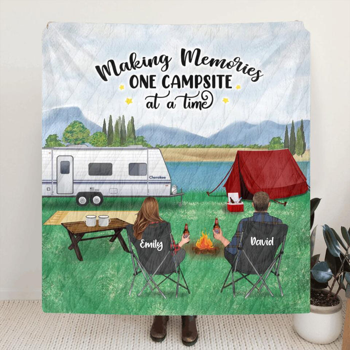 Custom Personalized Camping Fleece/ Quilt Blanket - Gift Idea For Couple/Family/ Camping Lover - Couple/Parents With Upto 2 Kids And 3 Dogs - Making Memories One Campsite At A Time