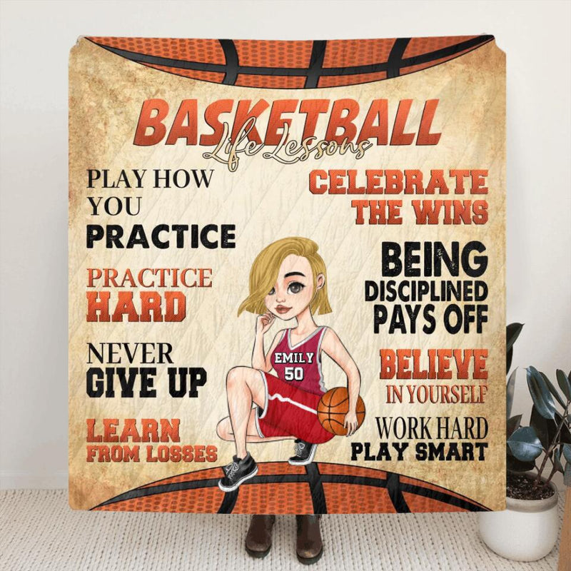 Personalized Basketball Girl Quilt/Fleece Throw Blanket - Gift Idea For Basketball Lovers - Believe In Yourself Work Hard & Play Smart