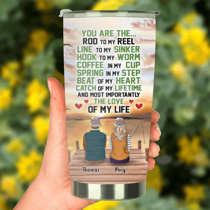 Custom Personalized Fishing Couple Tumbler - Gift Idea For Couple/ Fishing Lovers with up to 2 Kids and 2 Pets - You Are The Rod To My Reel