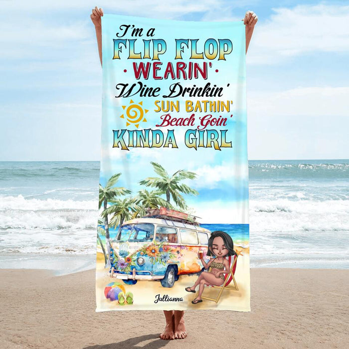 Custom Personalized Girl Beach Towel - Gift For Beach Girls/Beach Lovers - I'm A Flip Flop Wearin' Wine Drinkin' Sun Bathin' Beach Goin' Kinda Girl