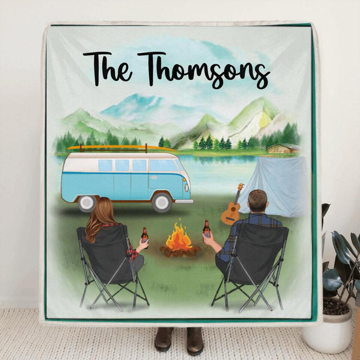 Custom Personalized Camping Blanket - Parents with up to 6 kids and 2 pets - Family Name - Father's day gift from wife to husband - Q3VZTZ
