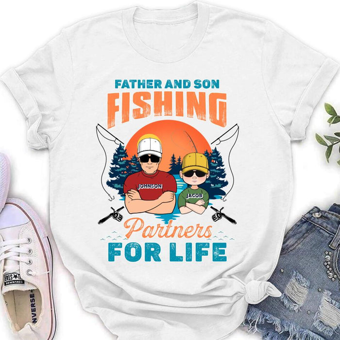 Custom Personalized Father And Son Fishing T-Shirt/ Long sleeve/ Sweatshirt/ Hoodie - Dad With Upto 3 Children - Gift Idea For Father/ Son/ Daughter/ Father's Day/ Fishing Lover - Father And Son Fishing Partners For Life