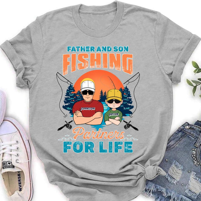 Custom Personalized Father And Son Fishing T-Shirt/ Long sleeve/ Sweatshirt/ Hoodie - Dad With Upto 3 Children - Gift Idea For Father/ Son/ Daughter/ Father's Day/ Fishing Lover - Father And Son Fishing Partners For Life