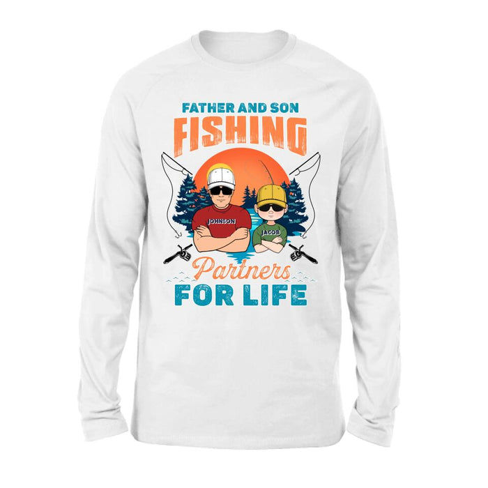 Custom Personalized Father And Son Fishing T-Shirt/ Long sleeve/ Sweatshirt/ Hoodie - Dad With Upto 3 Children - Gift Idea For Father/ Son/ Daughter/ Father's Day/ Fishing Lover - Father And Son Fishing Partners For Life