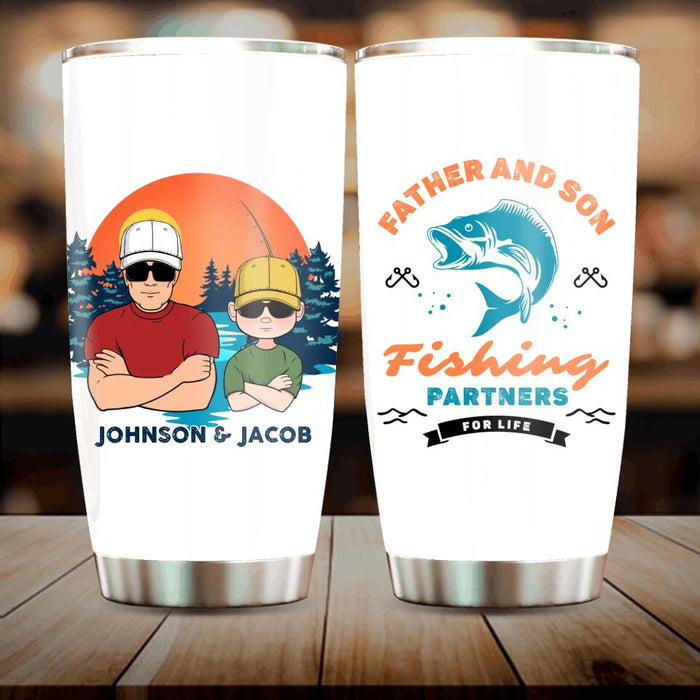 Custom Personalized Father And Son Fishing Tumbler - Dad With Upto 3 Children - Gift Idea For Father/ Son/ Daughter/ Father's Day/ Fishing Lover - Father And Son Fishing Partners For Life