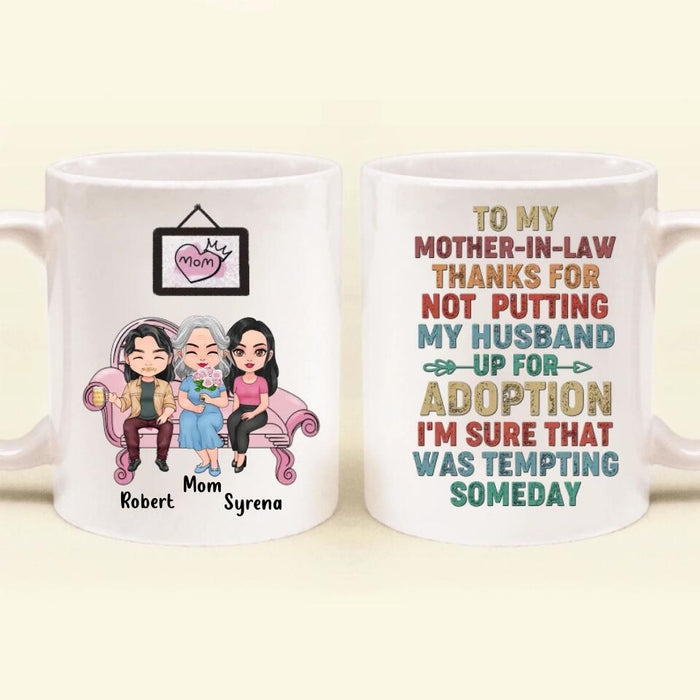 Custom Personalized Mother Mug - Mom With Upto 2 Children - Gift Idea For Mother's Day - To My Mother-In-Law Thank For Not Putting My Husband Up For Adoption