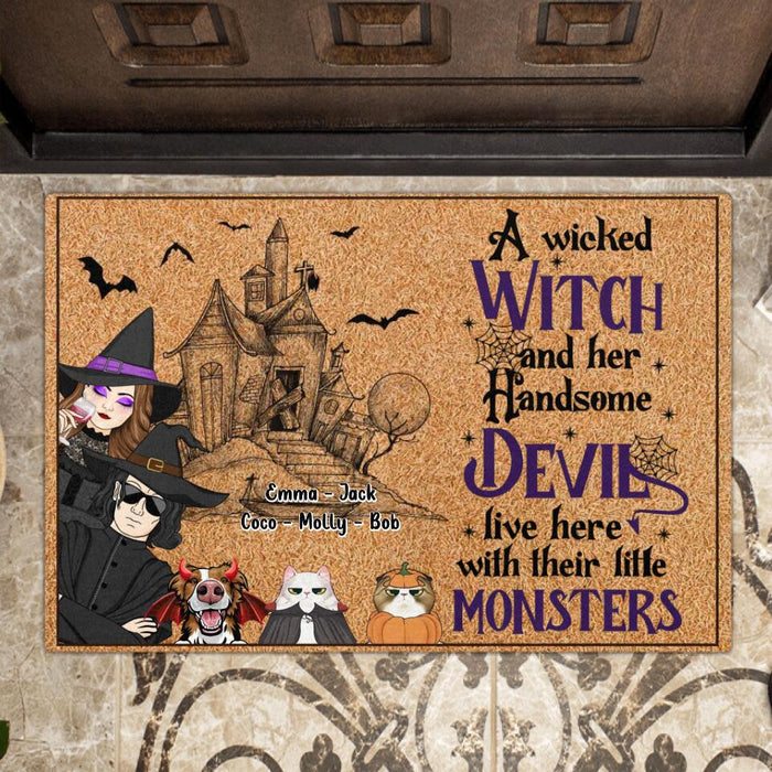 Custom Personalized Wicked Witch Doormat - Gift Idea For Couple/ Dog/Cat Lover - Couple/ Woman With Up to 4 Pets - A Wicked Witch And Her Handsome Devil Live Here