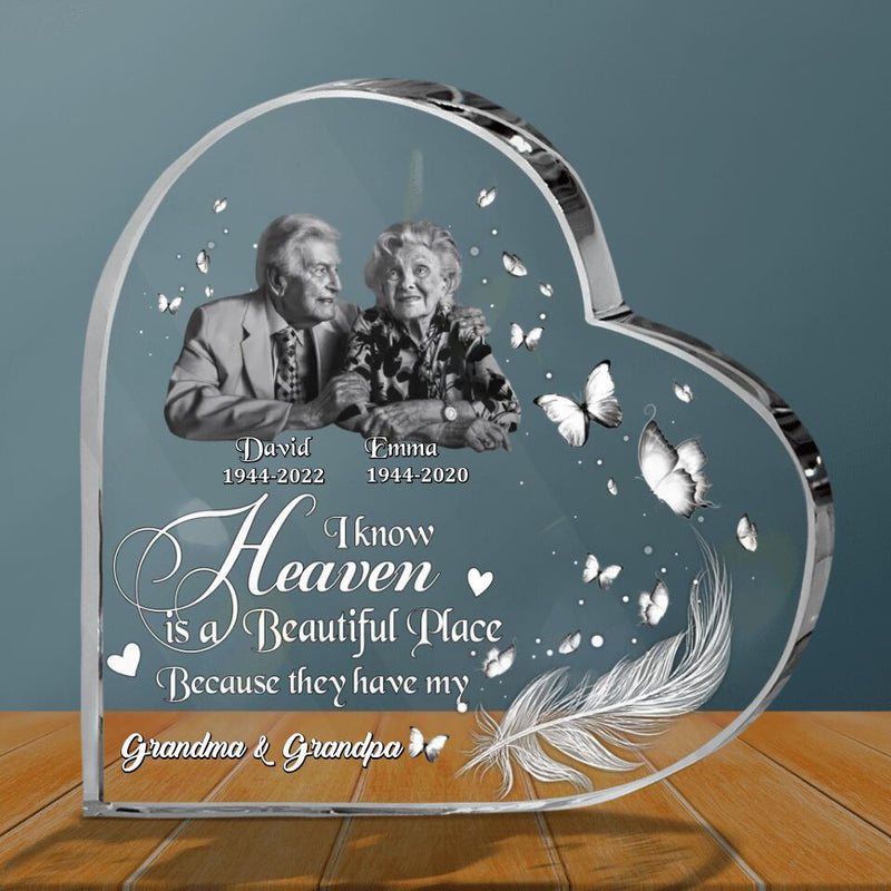 Personalized Memorial Photo Crystal Heart - Memorial Gift Idea - I Know Heaven Is A Beautiful Place