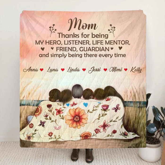 Custom Personalized Mom & Daughter Quilt/Single Layer Fleece Blanket/Pillow Cover - Gift Idea For Mother's Day - Upto 5 Children - Mom Thanks For Being My Hero