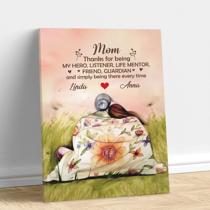 Custom Personalized Mom & Daughter Vertical Canvas - Gift Idea For Mother's Day - Upto 5 Children - Mom Thanks For Being My Hero, Listener