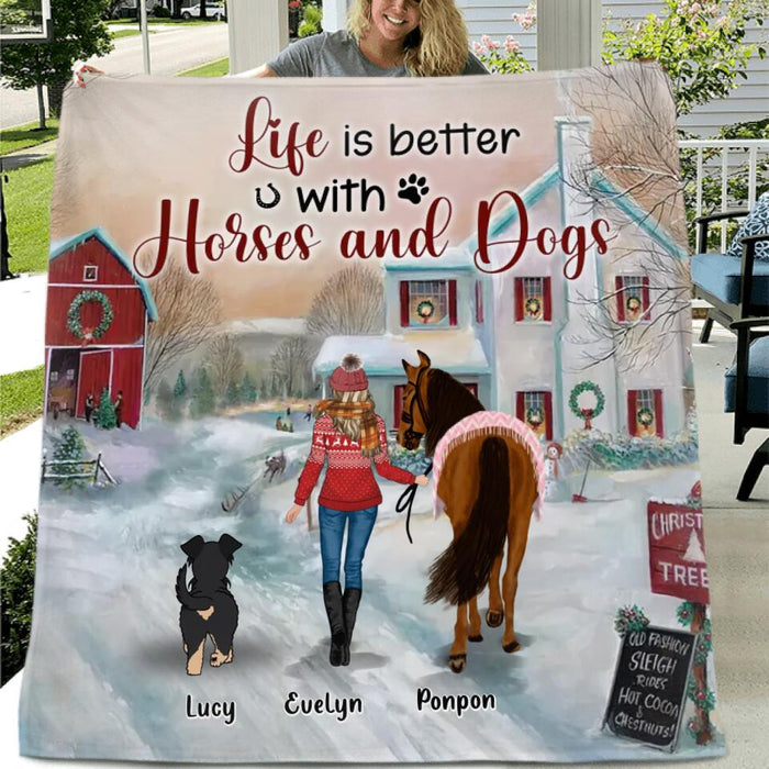 Custom Personalized Horses & Dogs Quilt/Single Layer Fleece Blanket - Gift Idea For Horse/Dog Lovers - Upto 4 Dogs - Life Is Better With Horses And Dogs