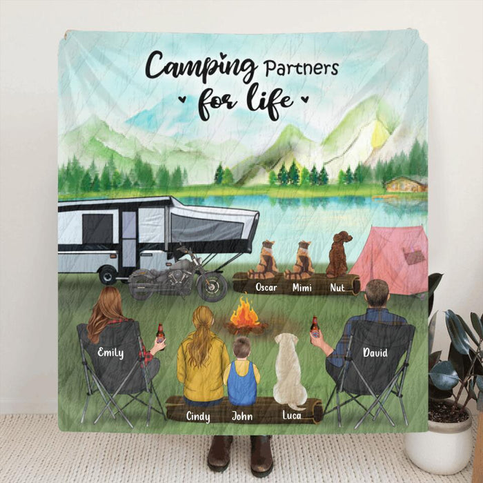 Custom Personalized Camping Blanket Gift For Whole Family, Camping Lovers - Parents with 2 Kids and 4 Pets - Camping Partners For Life - 3KFOG2