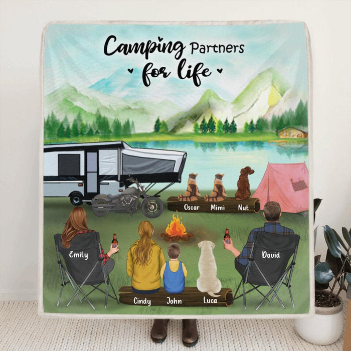 Custom Personalized Camping Blanket Gift For Whole Family, Camping Lovers - Parents with 2 Kids and 4 Pets - Camping Partners For Life - 3KFOG2