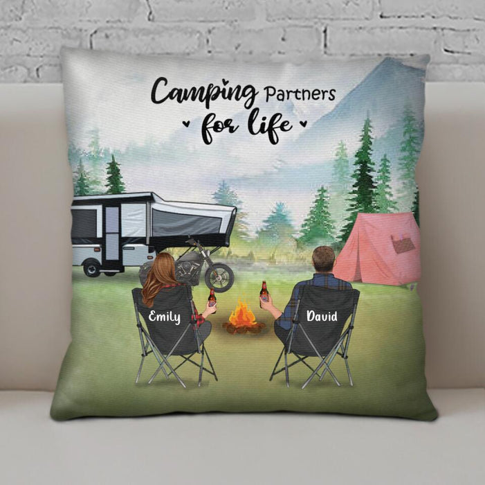 Custom Personalized Camping Throw Pillow Cover - Couple With Upto 5 Pets - Camping Partners For Life