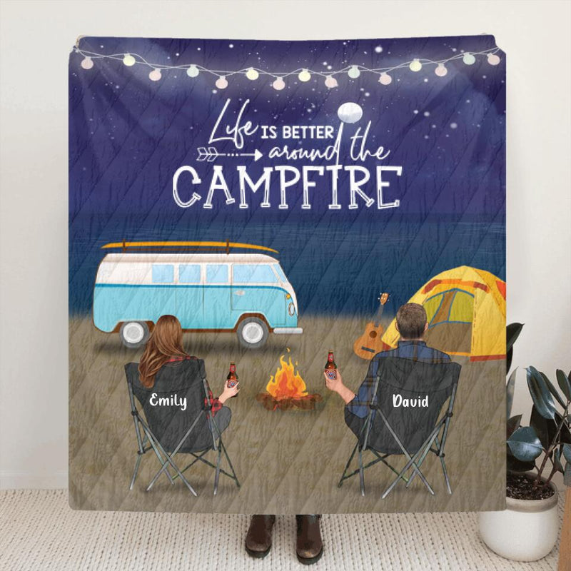 Personalized Night Beach Camping Quilt/Fleece Blanket - Gift for Whole Family, Camping Lovers - Couple/Parents with Up to 6 Kids - Life is better around the campfire