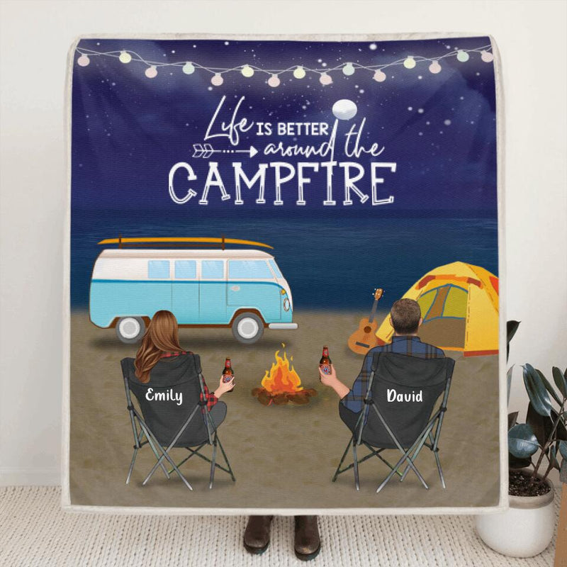 Personalized Night Beach Camping Quilt/Fleece Blanket - Gift for Whole Family, Camping Lovers - Couple/Parents with Up to 6 Kids - Life is better around the campfire