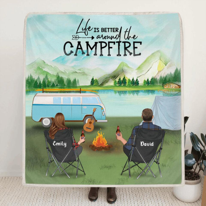 Custom Personalized Camping Blanket - Gift For Same Sex Couple - 2 Women & 1 Dog Camping Quilt - Life is better around the campfire