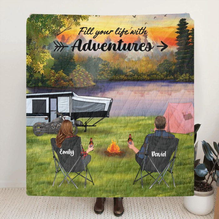 Personalized Camping Quilt/Fleece Blanket - Couple/Parents With Up to 5 Kids And 4 Pets - Gift Idea For Camping Lover - Fill Your Life With Adventures