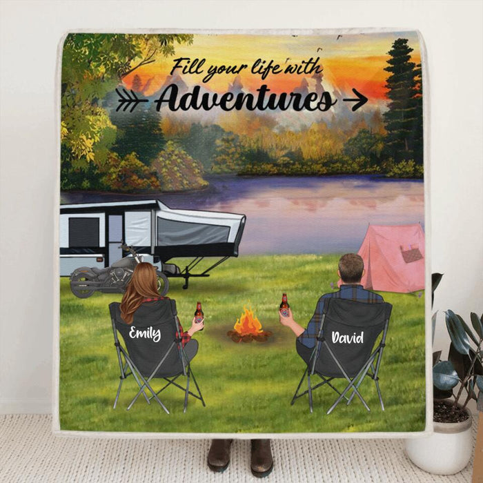 Custom Personalized Camping Quilt/ Fleece Blanket - Couple/ Parents With Upto 5 Kids And 4 Pets - Gift Idea For Camping Lover - Fill Your Life With Adventures