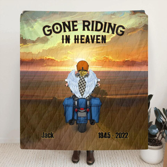 Custom Personalized Memorial Biker Quilt/Single Layer Fleece Blanket - Memorial Gift Idea For Father's Day - Gone Riding In Heaven
