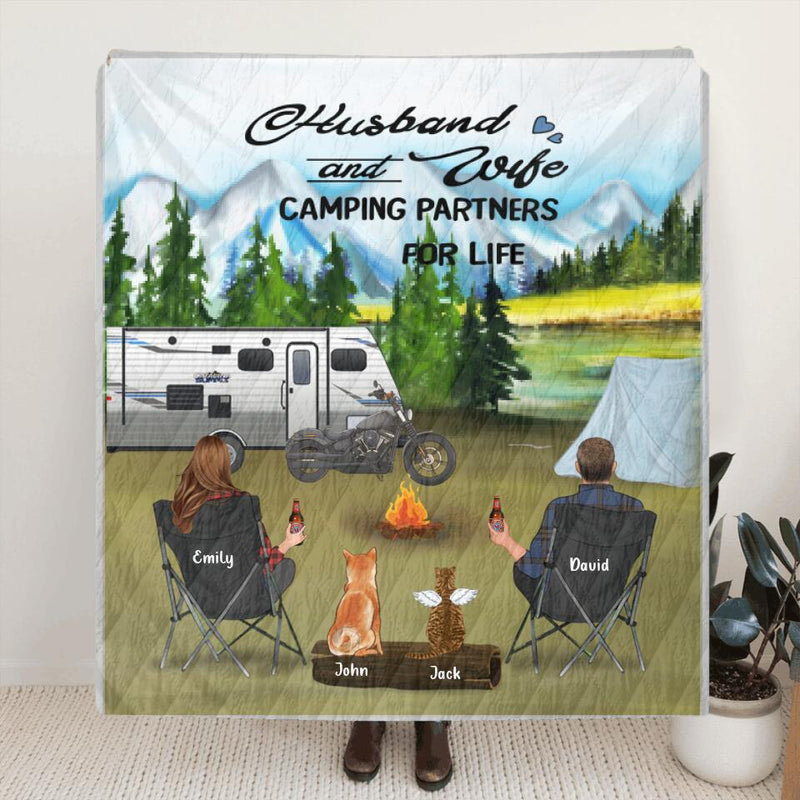 Personalized Camping Quilt/Fleece Blanket - Couple with 2 Pets - Gift Idea For Couple - Husband and Wife Camping Partners For Life