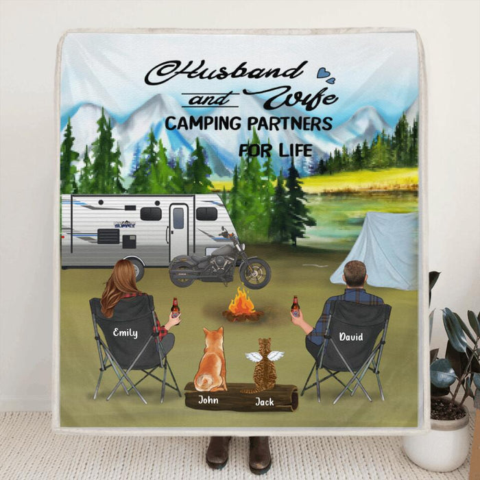 Personalized Camping Quilt/Fleece Blanket - Couple with 2 Pets - Gift Idea For Couple - Husband and Wife Camping Partners For Life