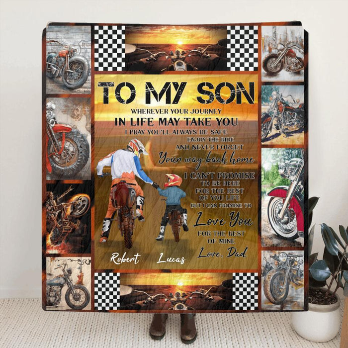 Custom Personalized Father & Son Biker Quilt/Single Layer Fleece Blanket - Gift Idea For Bike Lovers From Father To Son - To My Son