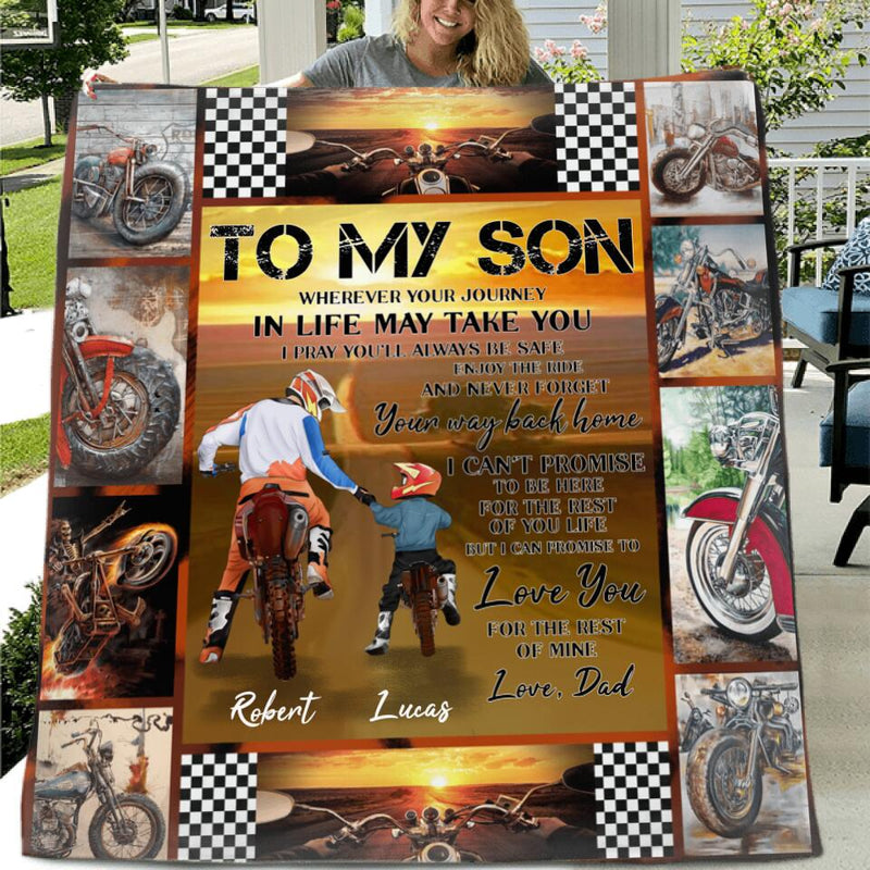 Personalized Father & Son Biker Fleece Throw Blanket/Quilt - Gift Idea For Bike Lovers From Father To Son - To My Son
