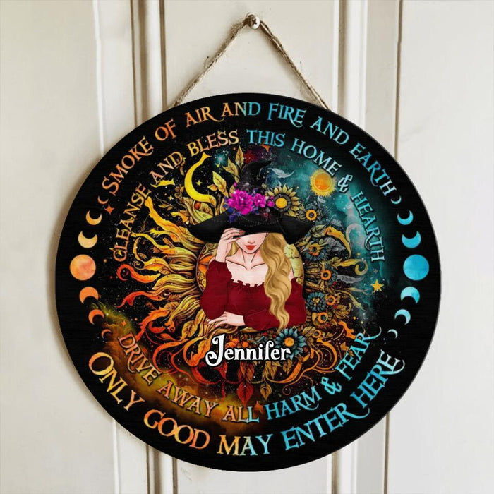 Custom Personalized Witch Circle Door Sign - Gift Idea For Halloween/Witch Lovers - Smoke Of Air And Fire And Earth Cleanse And Bless This Home & Hearth