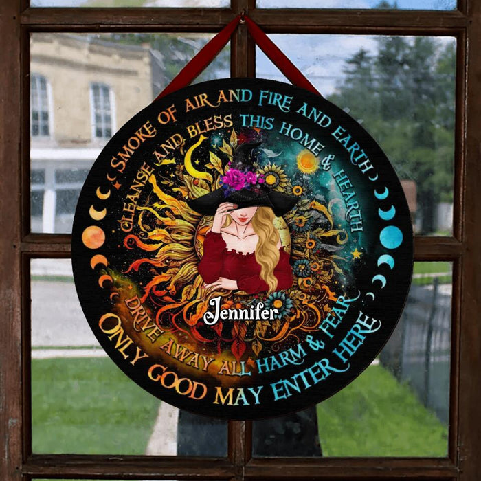 Custom Personalized Witch Circle Door Sign - Gift Idea For Halloween/Witch Lovers - Smoke Of Air And Fire And Earth Cleanse And Bless This Home & Hearth