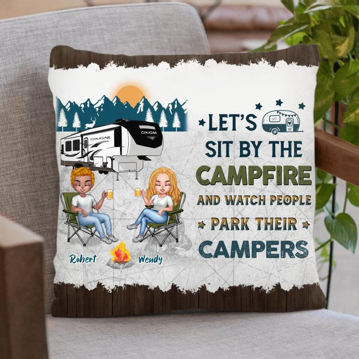 Custom Personalized Camping Friends Pillow Cover - Upto 7 People - Gift Idea For Friends/Camping Lovers - Let's Sit By The Campfire And Watch People Park Their Campers