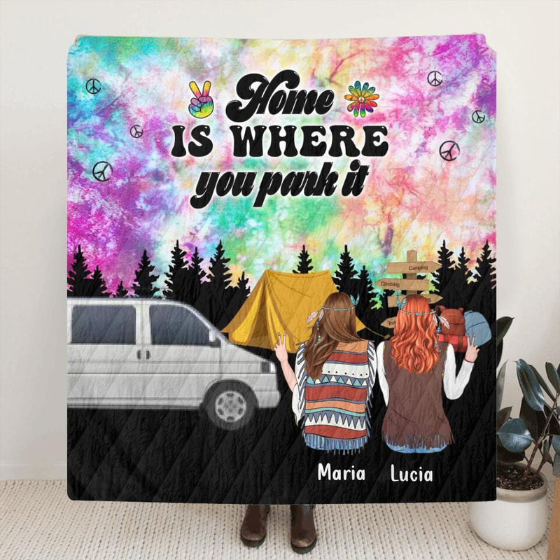 Personalized Hippie Friends Fleece Throw Blanket/Quilt - Gift Idea For Hippie Lovers - Up to 3 Girls - Home Is Where You Park It