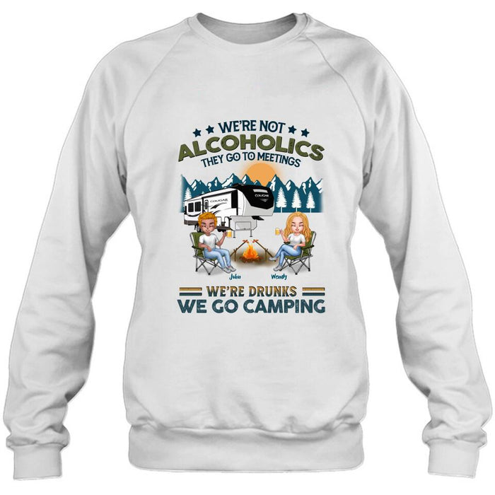 Personalized Camping Friends T-Shirt/Long Sleeve/Sweatshirt/Hoodie - Up to 7 People - Gift Idea For Friends/Camping Lover - We're Not Alcoholics They Go To Meetings We're Drunks We Go Camping
