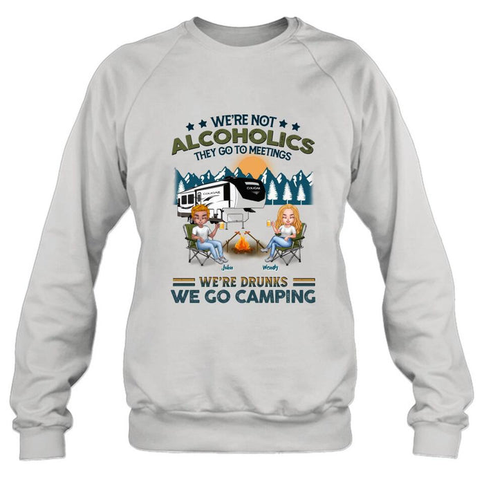 Personalized Camping Friends T-Shirt/Long Sleeve/Sweatshirt/Hoodie - Up to 7 People - Gift Idea For Friends/Camping Lover - We're Not Alcoholics They Go To Meetings We're Drunks We Go Camping