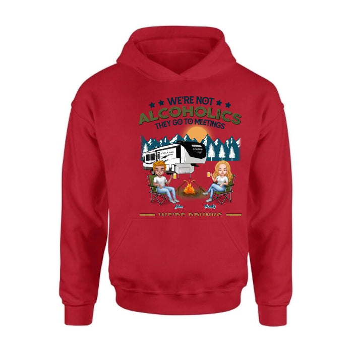 Personalized Camping Friends T-Shirt/Long Sleeve/Sweatshirt/Hoodie - Up to 7 People - Gift Idea For Friends/Camping Lover - We're Not Alcoholics They Go To Meetings We're Drunks We Go Camping
