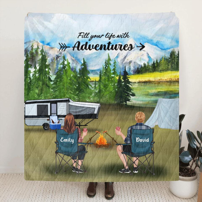 Custom Personalized Camping Quilt/ Fleece Blanket - Couple/ Parents With Upto 4 Kids And 4 Pets - Gift Idea For Camping Lover