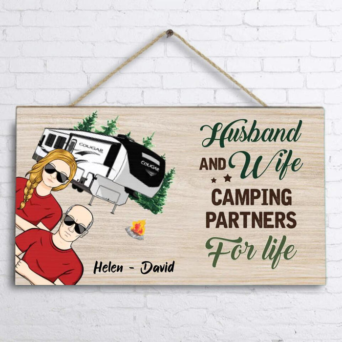 Custom Personalized Camping Couple Rectangle Door Sign - Gift Idea For Couple/ Camping Lover - Husband And Wife Camping Partners For Life