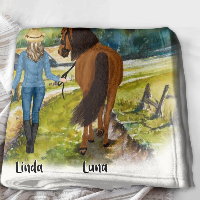 Custom Personalized Horse Girl Quilt/Single Layer Fleece Blanket - Gift Idea For Horse Lovers/Girl - Upto 6 Horses - Das Leben Ist Besser Mit Pferden