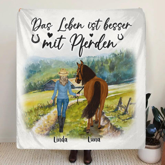 Custom Personalized Horse Girl Quilt/Single Layer Fleece Blanket - Gift Idea For Horse Lovers/Girl - Upto 6 Horses - Das Leben Ist Besser Mit Pferden